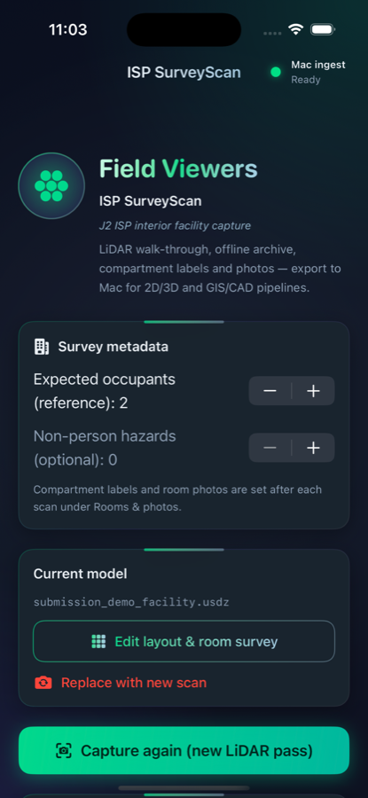 ISP SurveyScan iOS home screen listing survey workflow steps