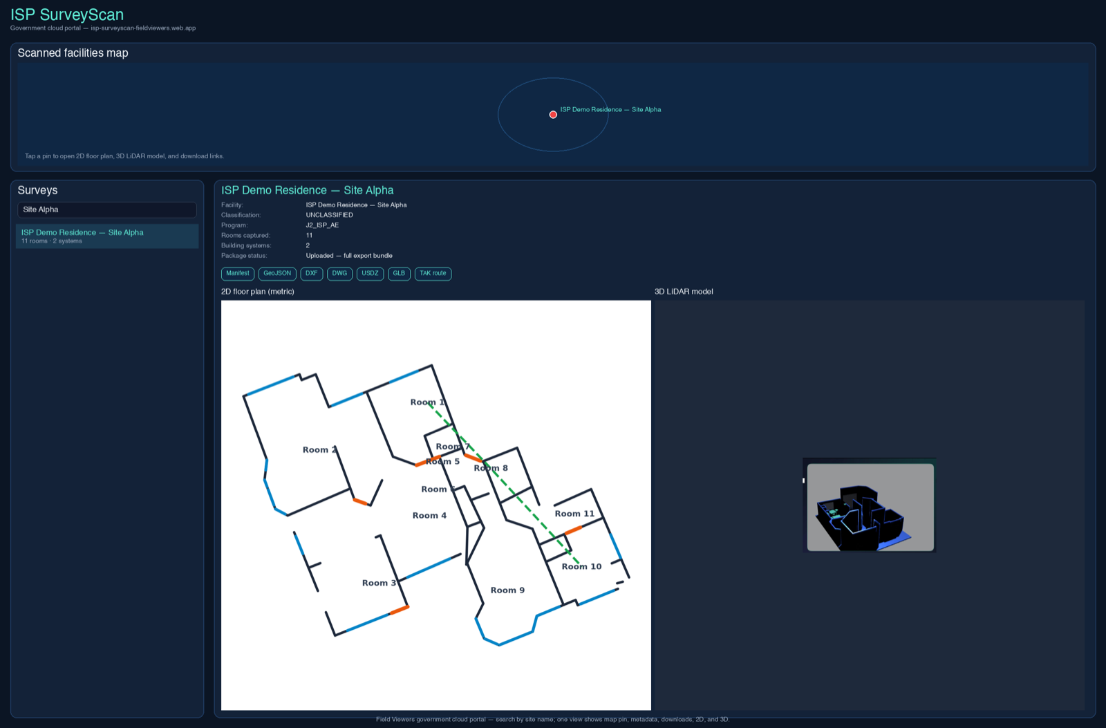 Government cloud portal with site search, floor plan, 3D model, and export chips
