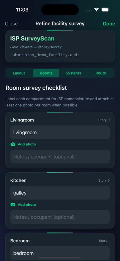 Rooms checklist with photographs and labels for each compartment