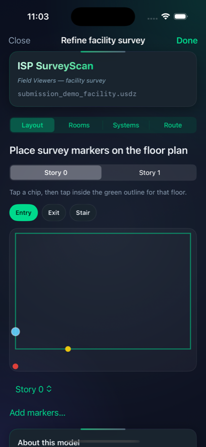 ISP SurveyScan layout tab showing captured floor plan geometry